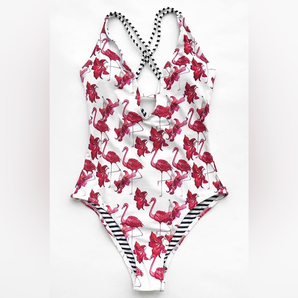 Cupshe flaming & flowers Free To Fly Print One-piece Swimsuit white pink L NWT - Picture 9 of 12
